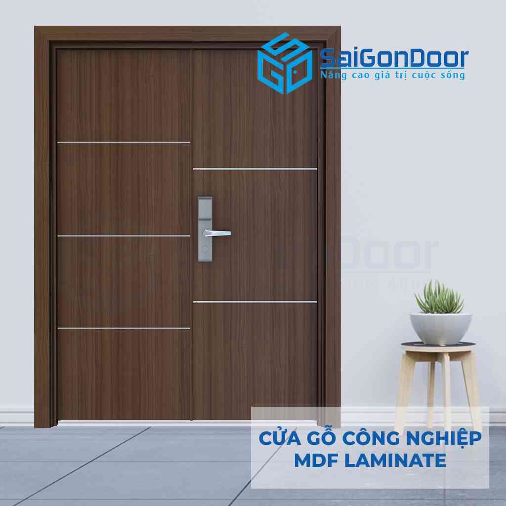 Mẫu cửa gỗ công nghiệp 2 cánh thiết kế tinh sảo thường được sử dụng làm cửa chính